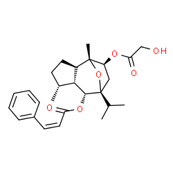 ChemSpider 2D Image | (1R,2R,5R,6R,7R,8S,10S)-10-(Glycoloyloxy)-8-isopropyl-1,5-dimethyl-11-oxatricyclo[6.2.1.0~2,6~]undec-7-yl (2Z)-3-phenylacrylate | C26H34O6