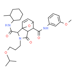 ChemSpider 2D Image | 3-(3-Isopropoxypropyl)-N~6~-(3-methoxyphenyl)-N~2~-(2-methylcyclohexyl)-4-oxo-10-oxa-3-azatricyclo[5.2.1.0~1,5~]dec-8-ene-2,6-dicarboxamide | C30H41N3O6