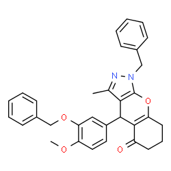 ChemSpider 2D Image | 1-Benzyl-4-[3-(benzyloxy)-4-methoxyphenyl]-3-methyl-4,6,7,8-tetrahydrochromeno[2,3-c]pyrazol-5(1H)-one | C32H30N2O4
