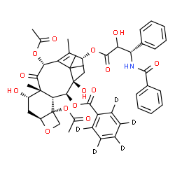 ChemSpider 2D Image | (1beta,2alpha,4alpha,5alpha,7beta,8alpha,10beta,13beta)-4,10-Diacetoxy-13-{[(3R)-3-(benzoylamino)-2-hydroxy-3-phenylpropanoyl]oxy}-1,7-dihydroxy-9-oxo-5,20-epoxytax-11-en-2-yl (~2~H_5_)benzoate | C47H46D5NO14