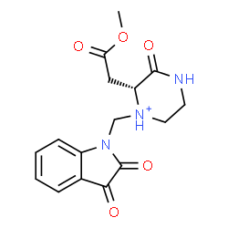 ChemSpider 2D Image | (2R)-1-[(2,3-Dioxo-2,3-dihydro-1H-indol-1-yl)methyl]-2-(2-methoxy-2-oxoethyl)-3-oxopiperazin-1-ium | C16H18N3O5