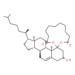 ChemSpider 2D Image | (3S,8S,9S,10R,13R,14S,17R)-3-Hydroxy-10,13-dimethyl-17-[(2R)-6-methyl-2-heptanyl]-2,3,4,7,8,9,10,11,12,13,14,15,16,17-tetradecahydro-3'H,12'H-spiro[cyclopenta[a]phenanthrene-1,1'-[2,13]dioxacyclotride
cane]-3',12'-dione | C37H60O5