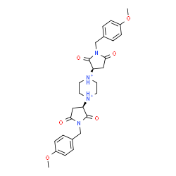 ChemSpider 2D Image | cis-1,4-Bis[(3R)-1-(4-methoxybenzyl)-2,5-dioxo-3-pyrrolidinyl]piperazinediium | C28H34N4O6