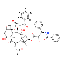ChemSpider 2D Image | (1beta,2beta,3beta,4alpha,5alpha,7alpha,8alpha,10alpha,13beta)-4,10-Diacetoxy-13-{[(2S,3R)-3-(benzoylamino)-2-hydroxy-3-phenylpropanoyl]oxy}-1,7-dihydroxy-9-oxo-5,20-epoxytax-11-en-2-yl (~2~H_5_)benzo
ate | C47H46D5NO14