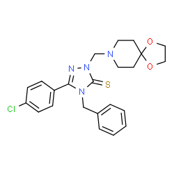 ChemSpider 2D Image | 4-Benzyl-5-(4-chlorophenyl)-2-(1,4-dioxa-8-azaspiro[4.5]dec-8-ylmethyl)-2,4-dihydro-3H-1,2,4-triazole-3-thione | C23H25ClN4O2S