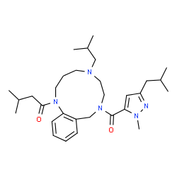 ChemSpider 2D Image | 1-{5-Isobutyl-8-[(3-isobutyl-1-methyl-1H-pyrazol-5-yl)carbonyl]-2,3,4,5,6,7,8,9-octahydro-1H-1,5,8-benzotriazacycloundecin-1-yl}-3-methyl-1-butanone | C30H47N5O2