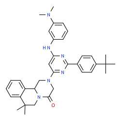 ChemSpider 2D Image | 2-(6-{[3-(Dimethylamino)phenyl]amino}-2-[4-(2-methyl-2-propanyl)phenyl]-4-pyrimidinyl)-7,7-dimethyl-1,2,3,6,7,11b-hexahydro-4H-pyrazino[2,1-a]isoquinolin-4-one | C36H42N6O