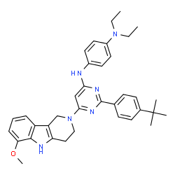 ChemSpider 2D Image | N,N-Diethyl-N'-{6-(6-methoxy-1,3,4,5-tetrahydro-2H-pyrido[4,3-b]indol-2-yl)-2-[4-(2-methyl-2-propanyl)phenyl]-4-pyrimidinyl}-1,4-benzenediamine | C36H42N6O