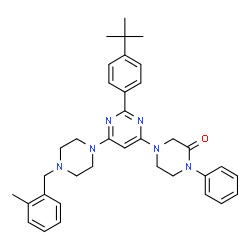 ChemSpider 2D Image | 4-{6-[4-(2-Methylbenzyl)-1-piperazinyl]-2-[4-(2-methyl-2-propanyl)phenyl]-4-pyrimidinyl}-1-phenyl-2-piperazinone | C36H42N6O
