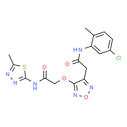 ChemSpider 2D Image | 2-[(4-{2-[(5-Chloro-2-methylphenyl)amino]-2-oxoethyl}-1,2,5-oxadiazol-3-yl)oxy]-N-(5-methyl-1,3,4-thiadiazol-2-yl)acetamide | C16H15ClN6O4S