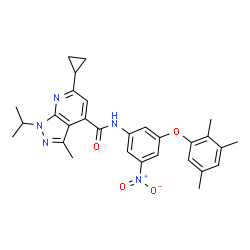 ChemSpider 2D Image | 6-Cyclopropyl-1-isopropyl-3-methyl-N-[3-nitro-5-(2,3,5-trimethylphenoxy)phenyl]-1H-pyrazolo[3,4-b]pyridine-4-carboxamide | C29H31N5O4