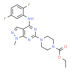 ChemSpider 2D Image | Ethyl 4-{4-[(2,5-difluorophenyl)amino]-1-methyl-1H-pyrazolo[3,4-d]pyrimidin-6-yl}-1-piperazinecarboxylate | C19H21F2N7O2