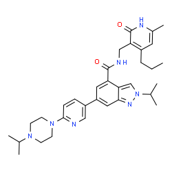 ChemSpider 2D Image | 2-Isopropyl-6-[6-(4-isopropyl-1-piperazinyl)-3-pyridinyl]-N-[(6-methyl-2-oxo-4-propyl-1,2-dihydro-3-pyridinyl)methyl]-2H-indazole-4-carboxamide | C33H43N7O2