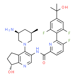 ChemSpider 2D Image | N-{(7R)-4-[(3S,5R)-3-Amino-5-methyl-1-piperidinyl]-7-hydroxy-6,7-dihydro-5H-cyclopenta[b]pyridin-3-yl}-6-[2,6-difluoro-4-(2-hydroxy-2-propanyl)phenyl]-5-fluoro-2-pyridinecarboxamide | C29H32F3N5O3