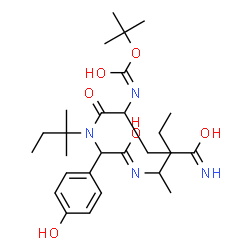ChemSpider 2D Image | 2-Methyl-2-propanyl (4-amino-1-{[1-(4-hydroxyphenyl)-2-oxo-2-(2-pentanylamino)ethyl](2-methyl-2-butanyl)amino}-1,4-dioxo-2-butanyl)carbamate | C27H44N4O6
