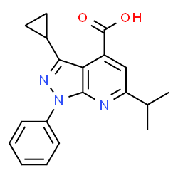 ChemSpider 2D Image | 3-cyclopropyl-6-isopropyl-1-phenylpyrazolo[3,4-b]pyridine-4-carboxylic acid | C19H19N3O2