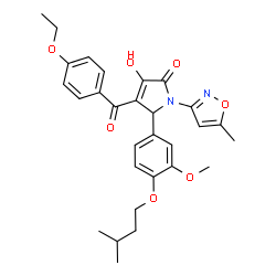 ChemSpider 2D Image | 4-(4-Ethoxybenzoyl)-3-hydroxy-5-[3-methoxy-4-(3-methylbutoxy)phenyl]-1-(5-methyl-1,2-oxazol-3-yl)-1,5-dihydro-2H-pyrrol-2-one | C29H32N2O7