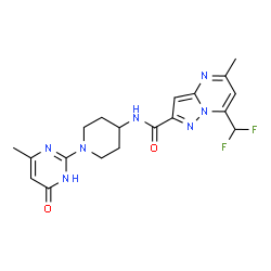 ChemSpider 2D Image | 7-(Difluoromethyl)-5-methyl-N-[1-(4-methyl-6-oxo-1,6-dihydro-2-pyrimidinyl)-4-piperidinyl]pyrazolo[1,5-a]pyrimidine-2-carboxamide | C19H21F2N7O2