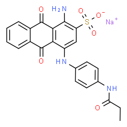 ChemSpider 2D Image | Sodium 1-amino-9,10-dioxo-4-{[4-(propionylamino)phenyl]amino}-9,10-dihydro-2-anthracenesulfonate | C23H18N3NaO6S