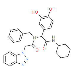 ChemSpider 2D Image | 2-(1H-Benzotriazol-1-yl)-N-benzyl-N-[2-(cyclohexylamino)-1-(3,4-dihydroxyphenyl)-2-oxoethyl]acetamide | C29H31N5O4