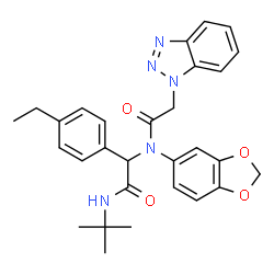 ChemSpider 2D Image | N-(1,3-Benzodioxol-5-yl)-2-(1H-benzotriazol-1-yl)-N-{1-(4-ethylphenyl)-2-[(2-methyl-2-propanyl)amino]-2-oxoethyl}acetamide | C29H31N5O4