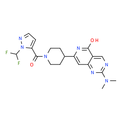 ChemSpider 2D Image | 7-(1-{[1-(Difluoromethyl)-1H-pyrazol-5-yl]carbonyl}-4-piperidinyl)-2-(dimethylamino)pyrido[4,3-d]pyrimidin-5(6H)-one | C19H21F2N7O2