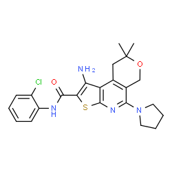 ChemSpider 2D Image | 1-Amino-N-(2-chlorophenyl)-8,8-dimethyl-5-(1-pyrrolidinyl)-8,9-dihydro-6H-pyrano[4,3-d]thieno[2,3-b]pyridine-2-carboxamide | C23H25ClN4O2S