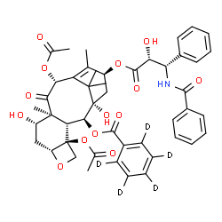 ChemSpider 2D Image | (2alpha,5beta,7beta,10beta,13alpha)-4,10-Diacetoxy-13-{[(2R,3S)-3-(benzoylamino)-2-hydroxy-3-phenylpropanoyl]oxy}-1,7-dihydroxy-9-oxo-5,20-epoxytax-11-en-2-yl (~2~H_5_)benzoate | C47H46D5NO14