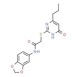 ChemSpider 2D Image | Acetamide, N-1,3-benzodioxol-5-yl-2-[(4-hydroxy-6-propyl-2-pyrimidinyl)thio]- | C16H17N3O4S