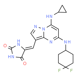 ChemSpider 2D Image | (5Z)-5-({7-(Cyclopropylamino)-5-[(4,4-difluorocyclohexyl)amino]pyrazolo[1,5-a]pyrimidin-3-yl}methylene)-2,4-imidazolidinedione | C19H21F2N7O2