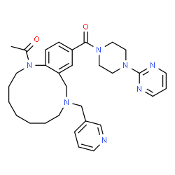 ChemSpider 2D Image | 1-[9-(3-Pyridinylmethyl)-12-{[4-(2-pyrimidinyl)-1-piperazinyl]carbonyl}-3,4,5,6,7,8,9,10-octahydro-1,9-benzodiazacyclododecin-1(2H)-yl]ethanone | C31H39N7O2