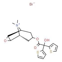 ChemSpider 2D Image | (1R,5S)-7-[2-Hydroxy(di-2-thienyl)acetoxy]-9,9-dimethyl-3-oxa-9-azoniatricyclo[3.3.1.0~2,4~]nonane bromide | C19H22BrNO4S2