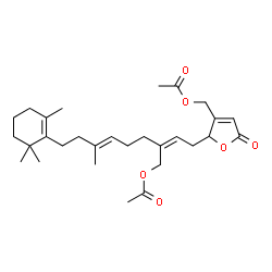 ChemSpider 2D Image | {2-[(2Z,6E)-3-(Acetoxymethyl)-7-methyl-9-(2,6,6-trimethyl-1-cyclohexen-1-yl)-2,6-nonadien-1-yl]-5-oxo-2,5-dihydro-3-furanyl}methyl acetate | C29H42O6