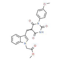 ChemSpider 2D Image | Methyl (3-{[1-(4-methoxyphenyl)-2,4,6-trioxotetrahydro-5(2H)-pyrimidinylidene]methyl}-1H-indol-1-yl)acetate | C23H19N3O6