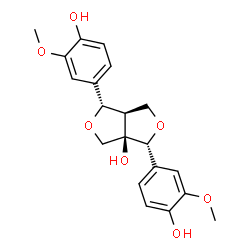 ChemSpider 2D Image | (1S,3aR,4R,6aR)-1,4-Bis(4-hydroxy-3-methoxyphenyl)dihydro-1H,3H-furo[3,4-c]furan-3a(4H)-ol | C20H22O7