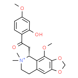 ChemSpider 2D Image | (5R)-5-[2-(2-Hydroxy-4-methoxyphenyl)-2-oxoethyl]-4-methoxy-6,6-dimethyl-5,6,7,8-tetrahydro[1,3]dioxolo[4,5-g]isoquinolin-6-ium | C22H26NO6
