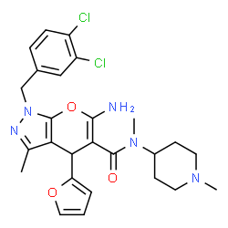 ChemSpider 2D Image | 6-Amino-1-(3,4-dichlorobenzyl)-4-(2-furyl)-N,3-dimethyl-N-(1-methyl-4-piperidinyl)-1,4-dihydropyrano[2,3-c]pyrazole-5-carboxamide | C26H29Cl2N5O3