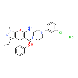 ChemSpider 2D Image | [6-Amino-3-ethyl-4-(2-hydroxyphenyl)-1-methyl-1,4-dihydropyrano[2,3-c]pyrazol-5-yl][4-(3-chlorophenyl)-1-piperazinyl]methanone hydrochloride (1:1) | C26H29Cl2N5O3