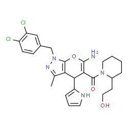 ChemSpider 2D Image | [6-Amino-1-(3,4-dichlorobenzyl)-3-methyl-4-(1H-pyrrol-2-yl)-1,4-dihydropyrano[2,3-c]pyrazol-5-yl][2-(2-hydroxyethyl)-1-piperidinyl]methanone | C26H29Cl2N5O3