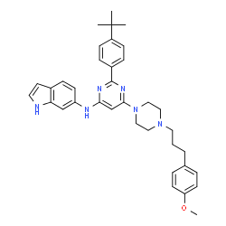 ChemSpider 2D Image | N-(6-{4-[3-(4-Methoxyphenyl)propyl]-1-piperazinyl}-2-[4-(2-methyl-2-propanyl)phenyl]-4-pyrimidinyl)-1H-indol-6-amine | C36H42N6O