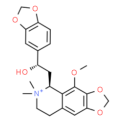 ChemSpider 2D Image | (5S)-5-[(2S)-2-(1,3-Benzodioxol-5-yl)-2-hydroxyethyl]-4-methoxy-6,6-dimethyl-5,6,7,8-tetrahydro[1,3]dioxolo[4,5-g]isoquinolin-6-ium | C22H26NO6