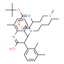 ChemSpider 2D Image | 2-Methyl-2-propanyl {1-[{1-(2,3-dimethylphenyl)-2-[(2,6-dimethylphenyl)amino]-2-oxoethyl}(pentyl)amino]-4-(methylsulfanyl)-1-oxo-2-butanyl}carbamate | C33H49N3O4S
