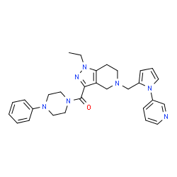 ChemSpider 2D Image | (1-Ethyl-5-{[1-(3-pyridinyl)-1H-pyrrol-2-yl]methyl}-4,5,6,7-tetrahydro-1H-pyrazolo[4,3-c]pyridin-3-yl)(4-phenyl-1-piperazinyl)methanone | C29H33N7O