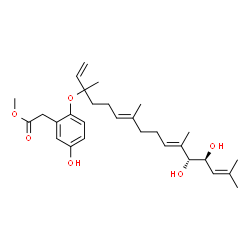 ChemSpider 2D Image | Methyl (2-{[(6E,10E,12R,13S)-12,13-dihydroxy-3,7,11,15-tetramethyl-1,6,10,14-hexadecatetraen-3-yl]oxy}-5-hydroxyphenyl)acetate | C29H42O6
