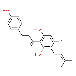 ChemSpider 2D Image | 3-Hydroxy-4-[(2E)-3-(4-hydroxyphenyl)-2-propenoyl]-5-methoxy-2-(3-methyl-2-buten-1-yl)phenolate | C21H21O5