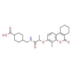 ChemSpider 2D Image | 4-[({2-[(4-Methyl-6-oxo-7,8,9,10-tetrahydro-6H-benzo[c]chromen-3-yl)oxy]propanoyl}amino)methyl]cyclohexanecarboxylic acid | C25H31NO6