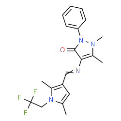 ChemSpider 2D Image | 4-({[2,5-Dimethyl-1-(2,2,2-trifluoroethyl)-1H-pyrrol-3-yl]methylene}amino)-1,5-dimethyl-2-phenyl-1,2-dihydro-3H-pyrazol-3-one | C20H21F3N4O