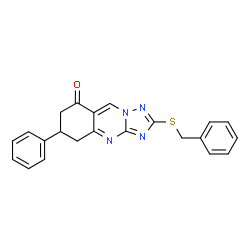 ChemSpider 2D Image | 2-(Benzylsulfanyl)-6-phenyl-6,7-dihydro[1,2,4]triazolo[5,1-b]quinazolin-8(5H)-one | C22H18N4OS