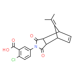 ChemSpider 2D Image | 2-Chloro-5-(10-isopropylidene-3,5-dioxo-4-azatricyclo[5.2.1.0~2,6~]dec-8-en-4-yl)benzoic acid | C19H16ClNO4