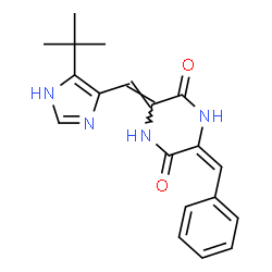 ChemSpider 2D Image | (3E,6Z)-3-Benzylidene-6-{[5-(2-methyl-2-propanyl)-1H-imidazol-4-yl]methylene}-2,5-piperazinedione | C19H20N4O2